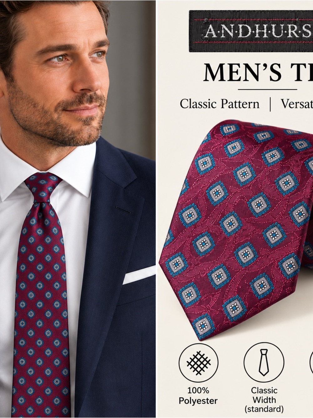 Andhurst Men’s Burgundy Geometric Neck Tie 100% Polyester Classic Business Tie